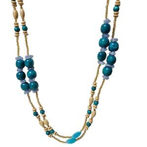 Southwest Boho Wood Glass Beaded Necklace Turquoise Beige Fashion Jewelry Women